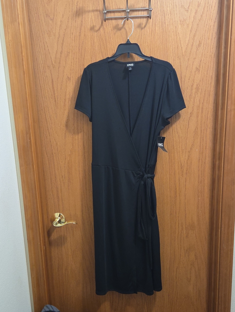 INC International Concepts Black Wrap Midi Dress with Tie Waist